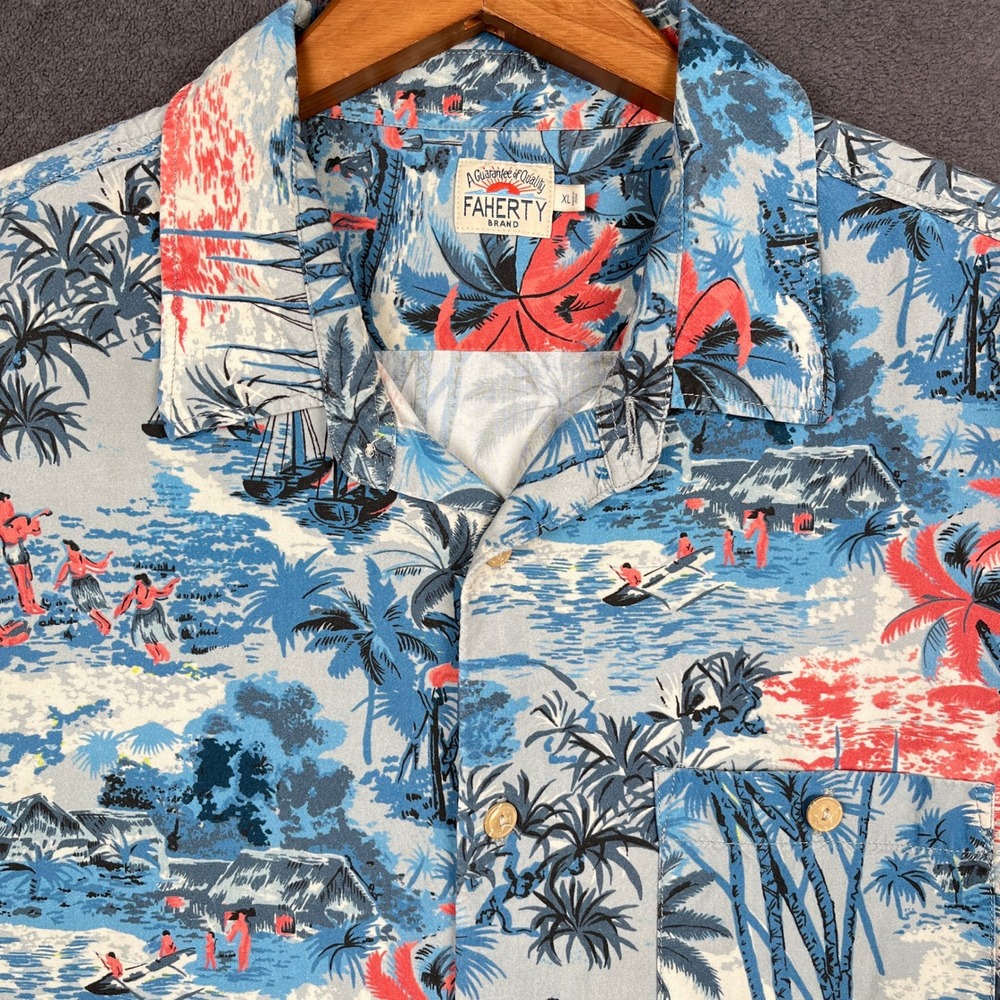Faherty Rayon Hawaiian Shirt Mens XL Blue Tahitian Dreams Aloha Short Sleeve